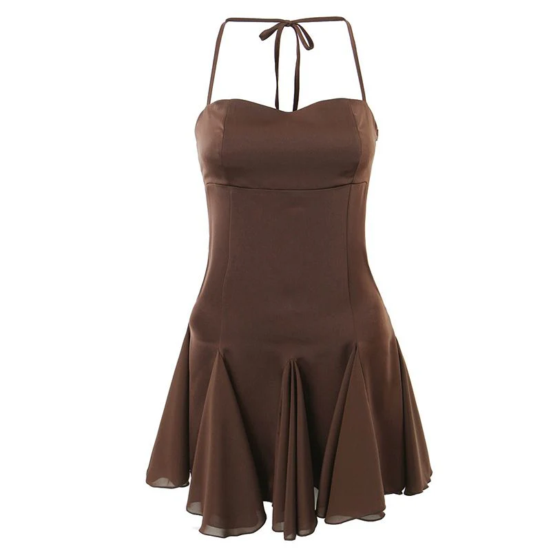 Hulianfu Spring Summer New Sexy Slim Fashion Women Halter Neck Tie Backless Pleated Short Strap Mini Dress Female - Deanwangkt