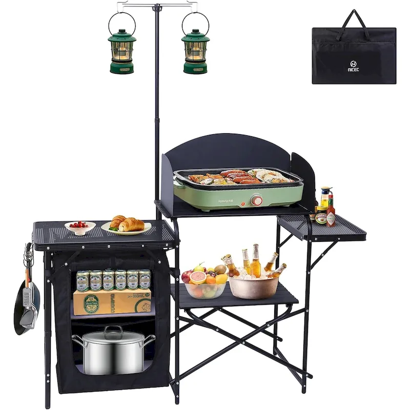 Camping Kitchen Station, Camping Table, Picnic Table, Grill Table Folding Table, Upgrade Light Stand & Windshield Cook Station