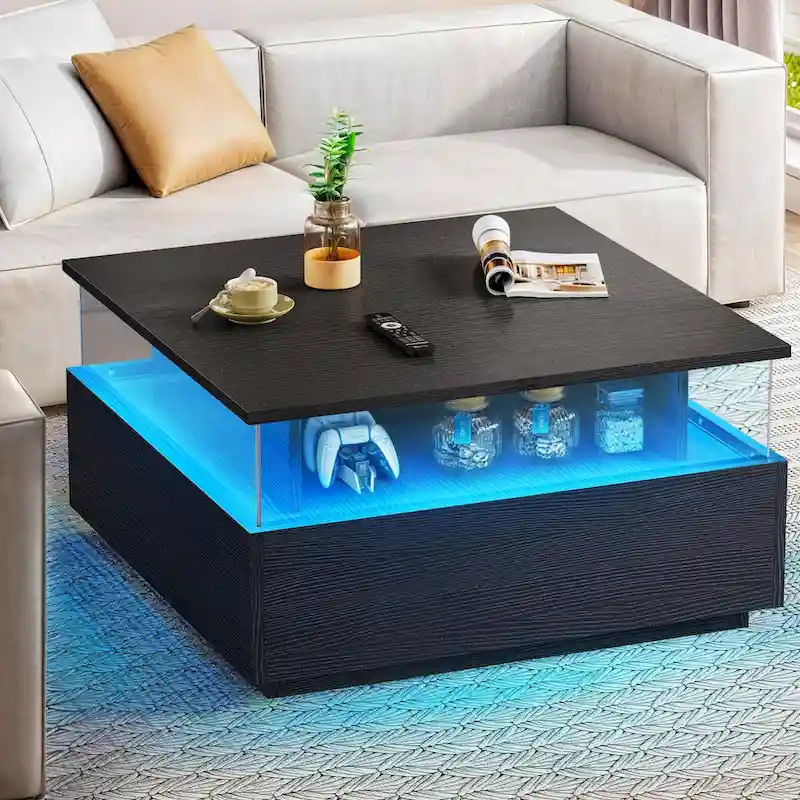 Moasis Modern Square Coffee Table with Drawers & LED Light, Acrylic and Wood Center Table