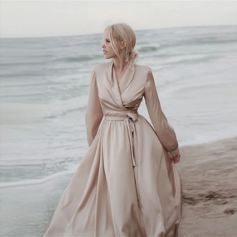 Women Casual Satin Maxi Robe Dress Solid Color Lantern Sleeve Sashes Dress New Fashion Spring Elegant A Line Party Dresses - Deanwangkt