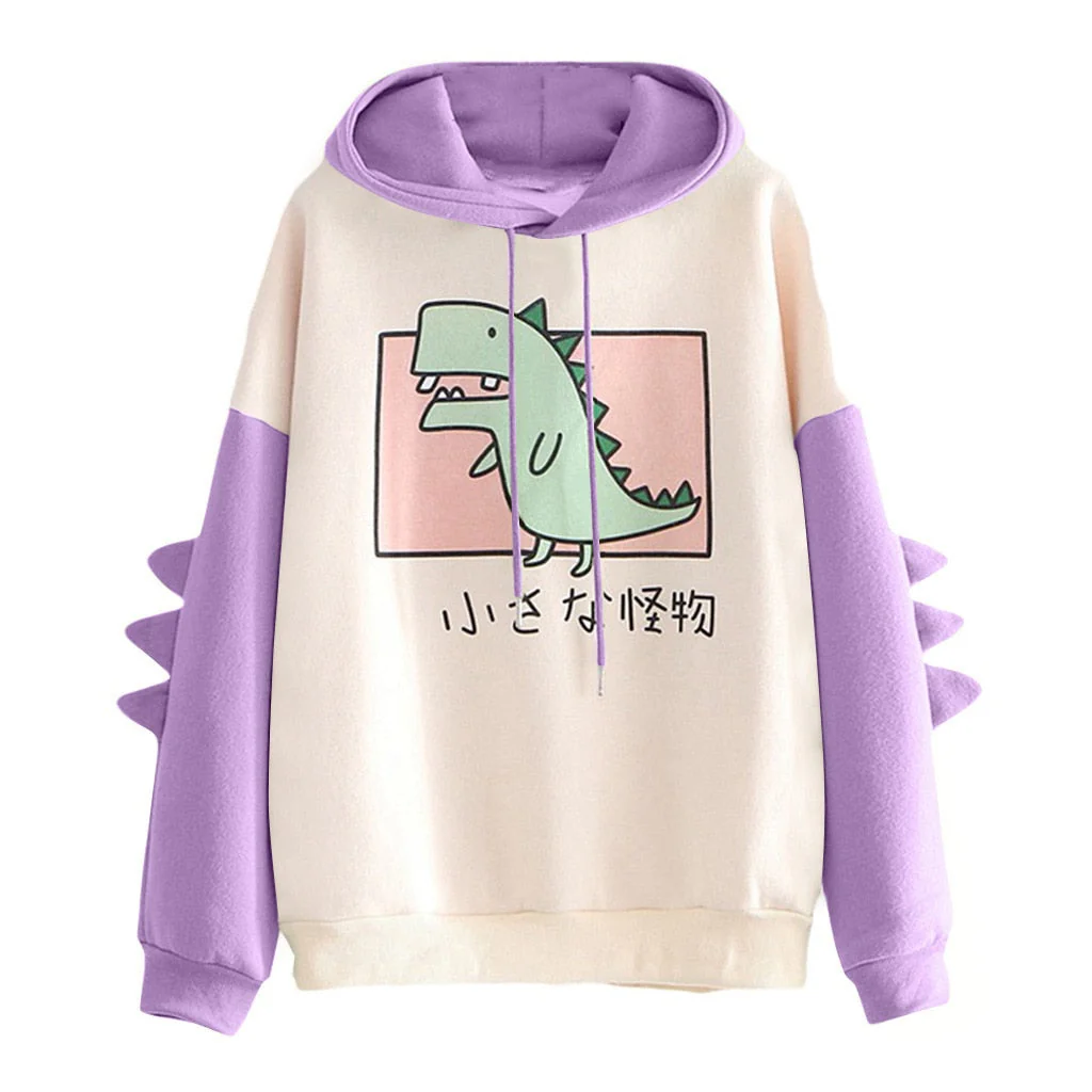 Winter dino hoodie Tops Dinosaur Oversized Cartoon Hoodie Women Fashion Sweatshirt Casual Print Korean Style Thicken Sweatshirt - Deanwangkt