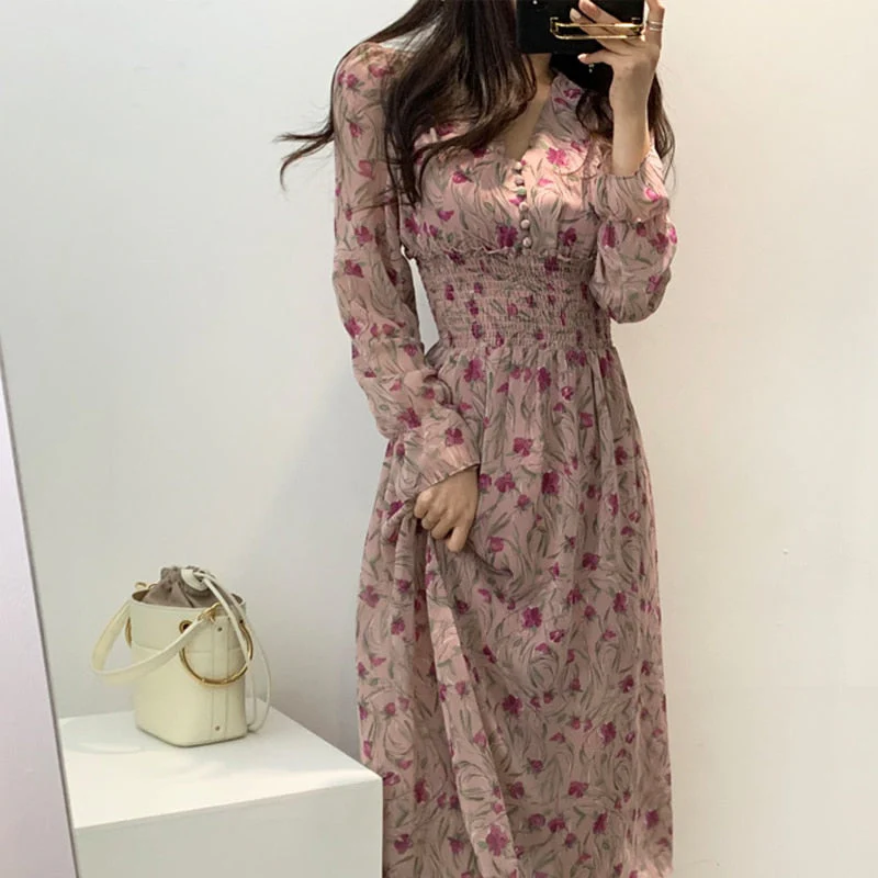 Hulianfu New Flower Dress Women Floral Chiffon Clothes Maxi Dresses Beach Elegant Autumn Pink Korean Long Sleeve V Neck Vestidos De Mujer - Deanwangkt