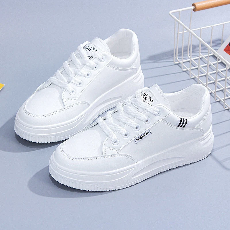 hulianfu Women White Sneakers Autumn Lace Up Thick Bottom Casual Flats Anti-slip Outdoor Walking Sports Board Shoes Sapatos Femininos - Deanwangkt