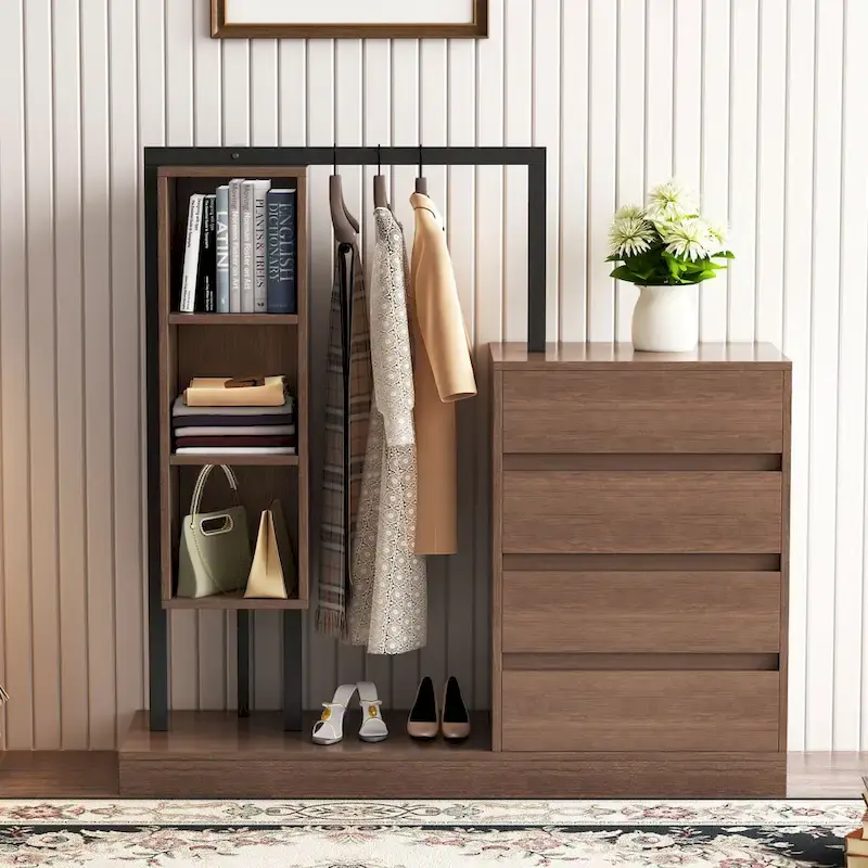 Open Wardrobe Closet with 4 Drawers, 3 Shelves & Hanging Rod Freestanding Wooden Armoire Closet for Bedroom