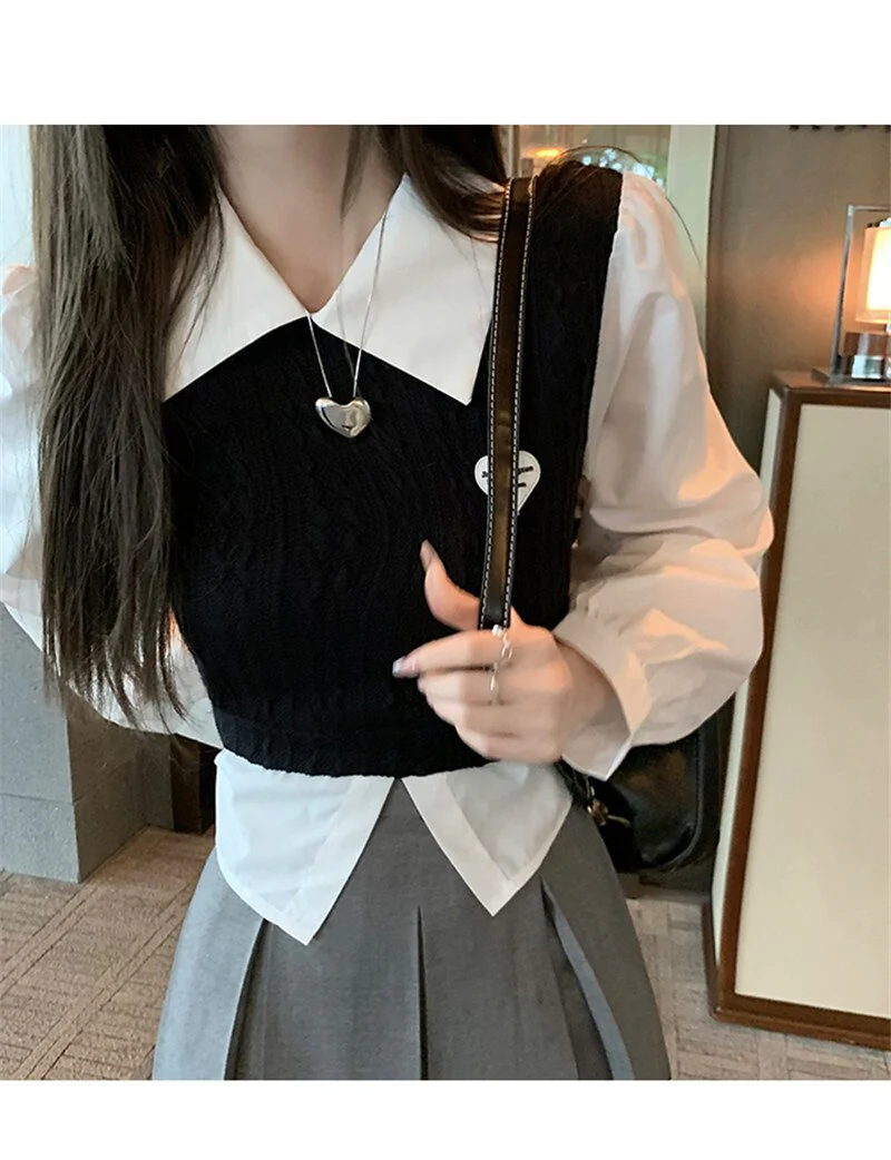 Sweet Japanese Girl Fashion 2 Piece Skirt Sets Long Sleeve Patchwork Shirt Top&High Waist Pleated Mini Skirt 2pc Dress Outfits - Deanwangkt