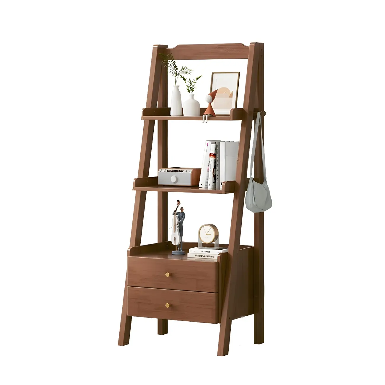 3-Tier Nut-Brown Wood Ladder Open Bookcase with Drawers