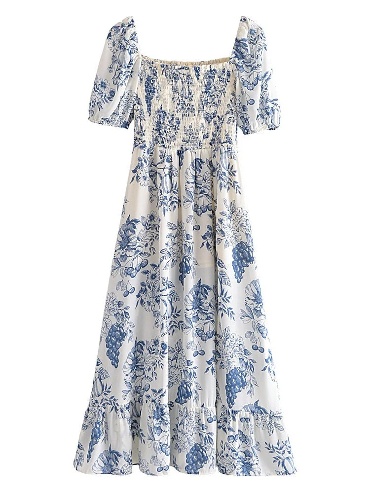 Hulianfu New Summer Women Vintage Fruit Floral Print Square Neck Puff Sleeves Elastic Sexy Side Slit Long  Midi Dress - Deanwangkt