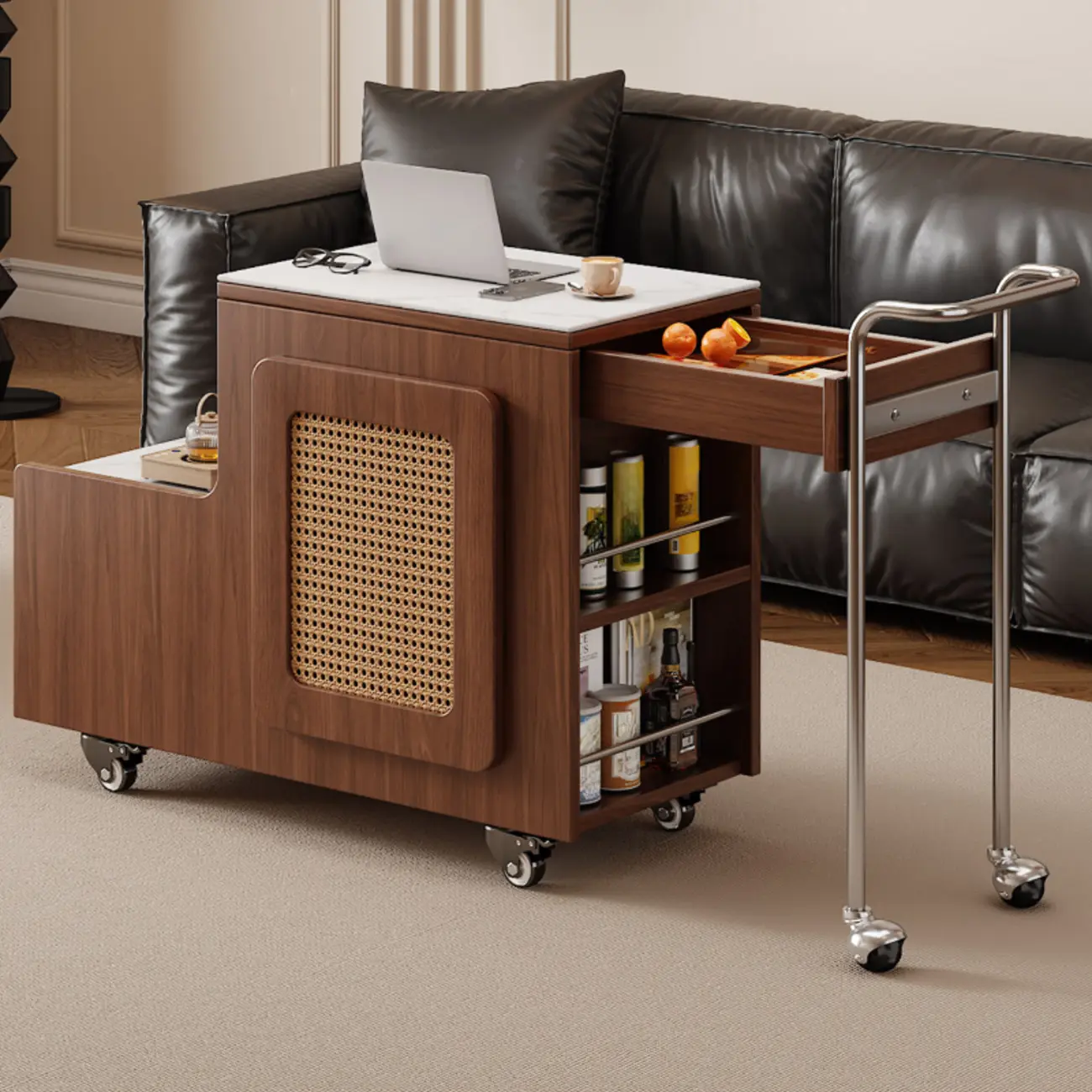 Multifunctional Sintered Stone Top Wheeled Cart Side Table