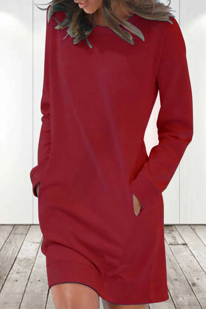 hulianfu Casual Solid Solid Color O Neck Long Sleeve Dresses(6 Colors) - Deanwangkt