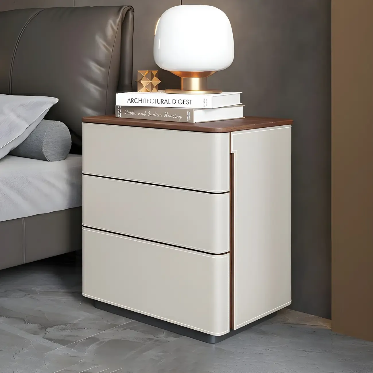 Modern Faux Leather Wood Top Drawers Nightstand