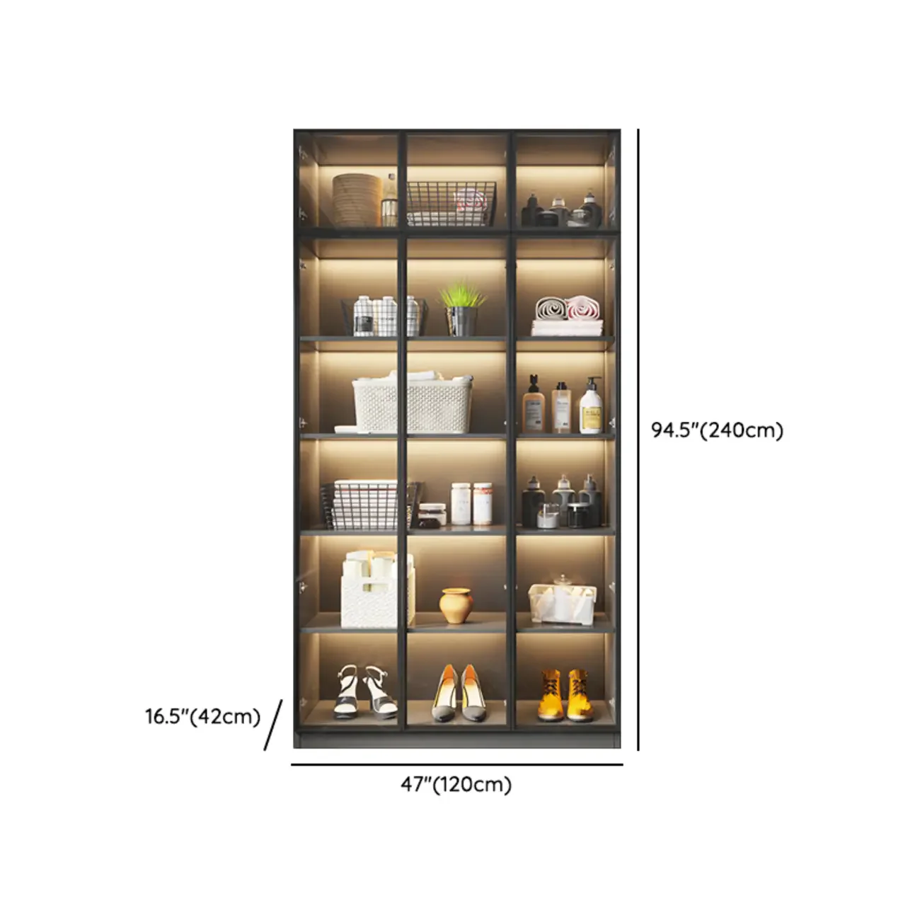 Freestanding Grey Wood Glass Display Cabinet with Light