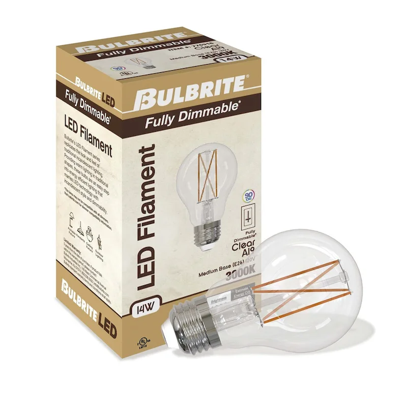 Bulbrite LED Filament Pack of (4) 14 Watt Dimmable A19 Light Bulb with Clear Glass Finish and Medium (E26) Base