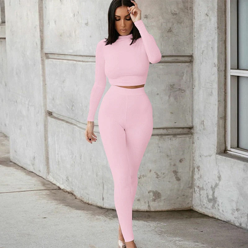 hulianfu Two Piece Sets Women Solid Autumn Tracksuits High Waist Stretchy Sportswear Hot Crop Tops And Leggings Matching Outfits - Deanwangkt