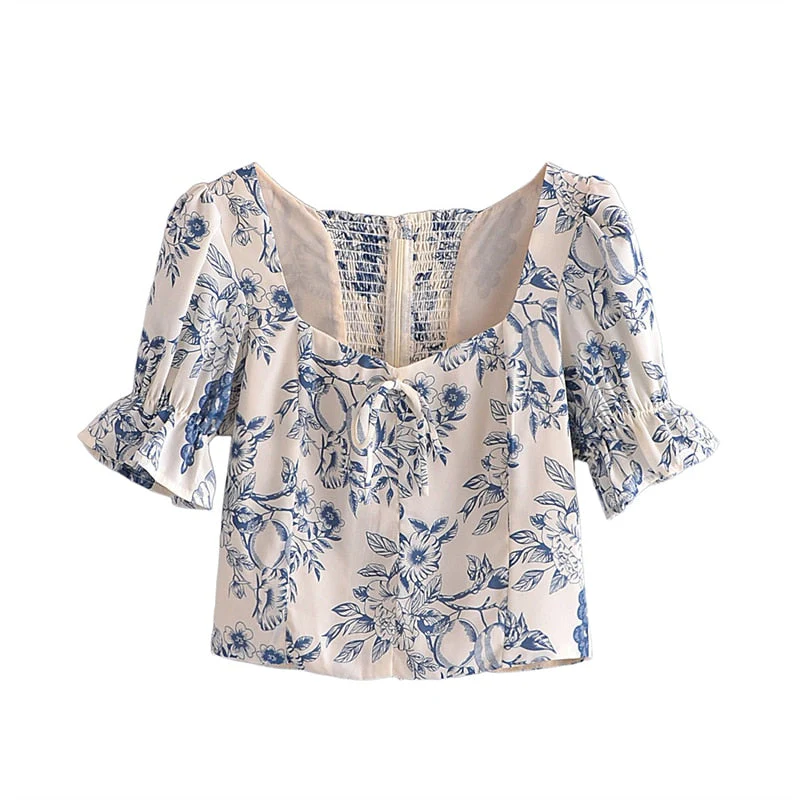 Hulianfu French Vintage Square Collar Puff Sleeve Folds Lace-Up Shirt Zipper Female Floral Print Summer New Fashion Crop Tops Women - Deanwangkt