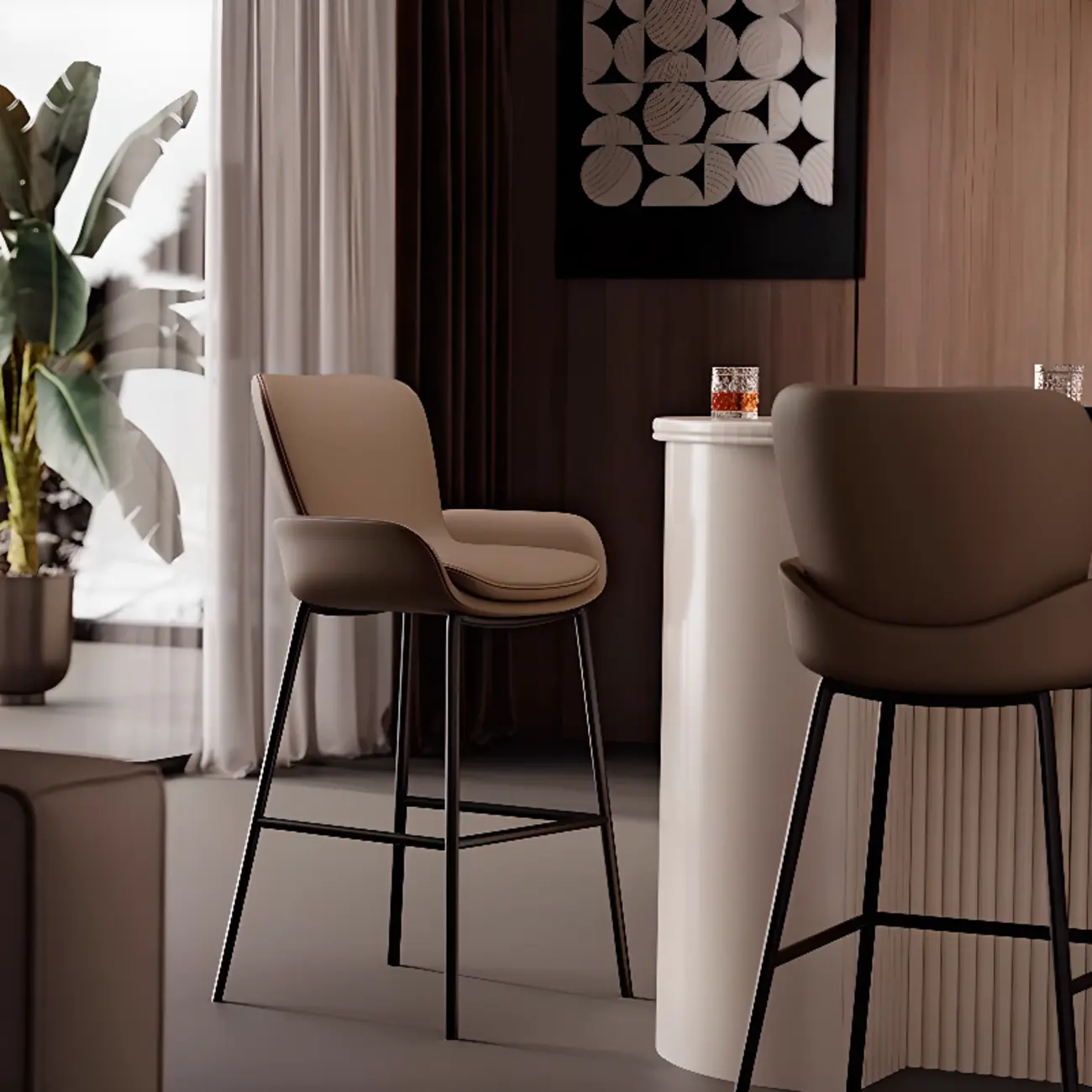 Coffee Bucket Four Legs Leather Counter Bar Stools