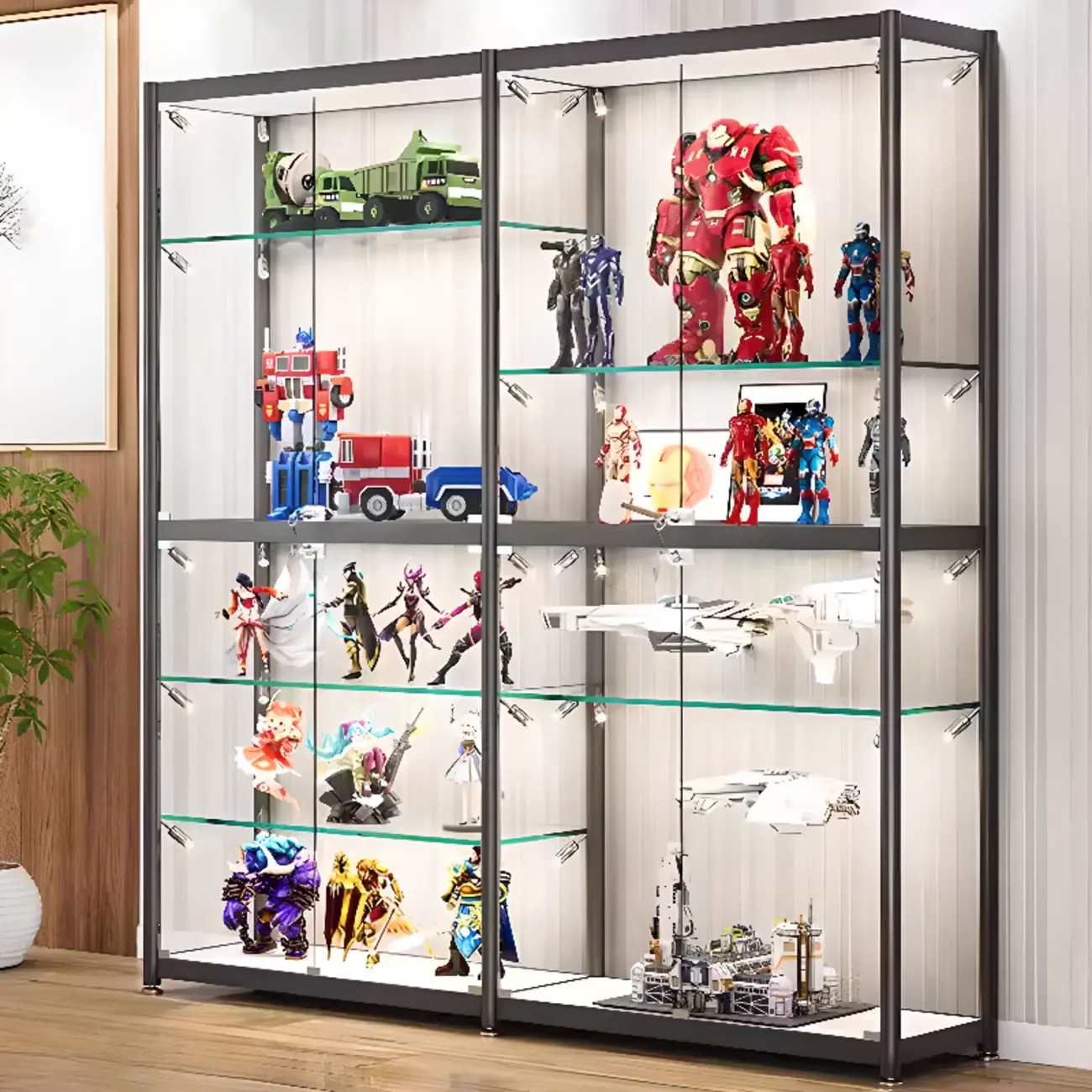 Modern Black Clear Glass LED Adjustable Display Cabinet