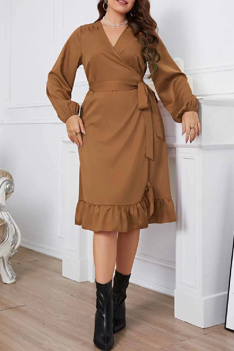 hulianfu Casual Solid Frenulum V Neck Long Sleeve Plus Size Dresses - Deanwangkt