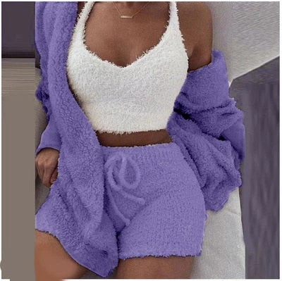 Three Piece Sexy Fluffy Outfits Plush Velvet Hooded Cardigan Coat+Shorts+Crop Top Women Tracksuit Sets Casual Sports Sweatshirt - Deanwangkt