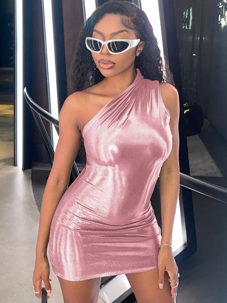 Hulianfu Pu Leather One Shoulder Sleeveless Draped Mini Prom Dress 2026  Summer Fall Women Elegant Y2K Evening Party Club Clothes - Deanwangkt