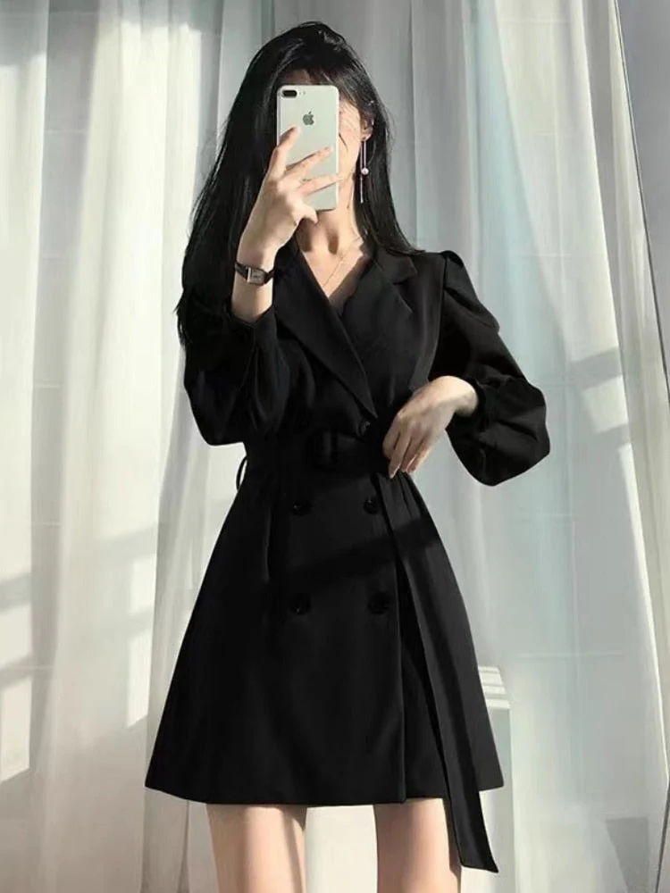 Hulianfu Vintage Notched Black Long Sleeve Jacket Slim Blazer Mini Dresses for Women Korean Fashion Sexy Casual Bodycon Dress Autumn - Deanwangkt