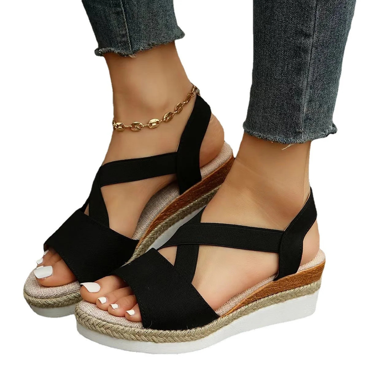 new Summer Women's Wedges Sandals Peep Toe Ladies Cross-tied Slides Thick Bottom Fashion Open Toe Female New Woman Shoes - Deanwangkt