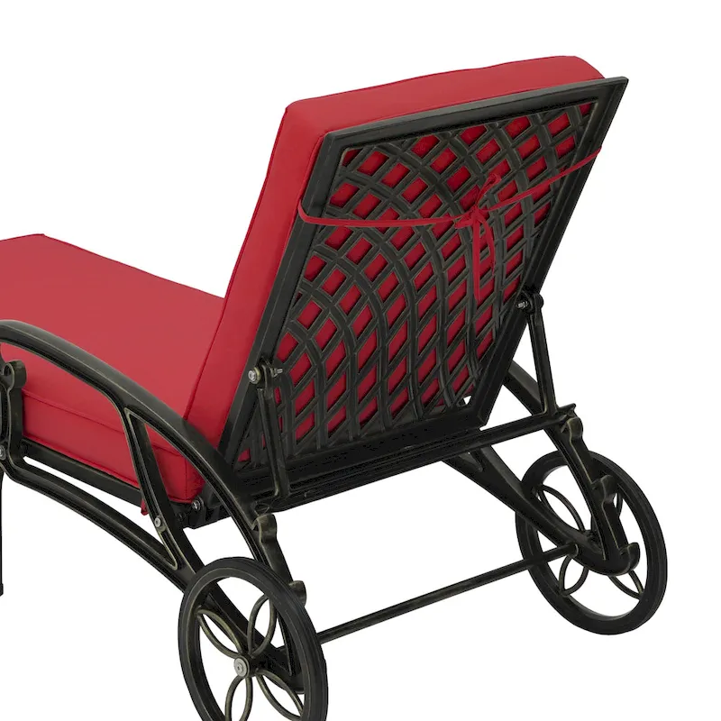 Clihome Cast Alum Folding Reclining Patio Chaise Lounge with Red Cushion