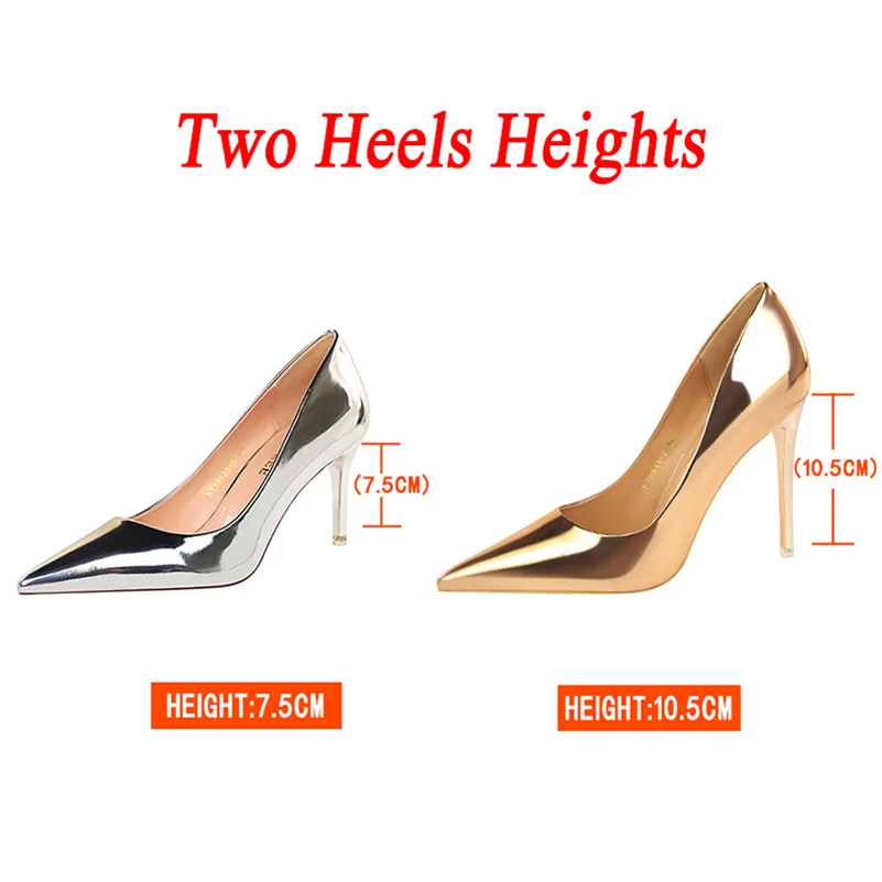 Women Patent Leather Pumps 7.5cm 10.5cm High Heels Lady Stiletto Low Heels Wedding Bridal Mteallic Silver Gold Sparkly Shoes - Deanwangkt