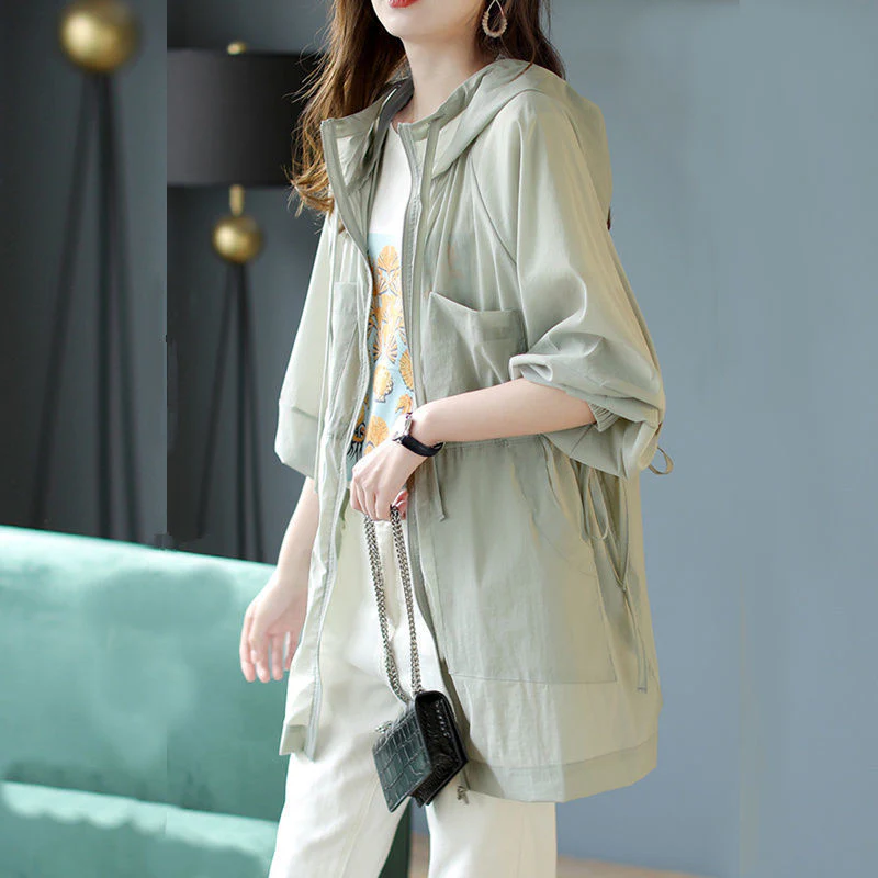 Hulianfu Jackets Women Hooded Fashion Thin Sheer Chic Soft Summer Femme Solid Ins Korean Style Sun-proof Harajuku High Street Holiday New - Deanwangkt