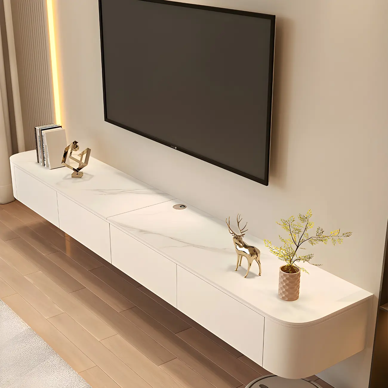 Modern Stone Floating TV Stand with Storage in White