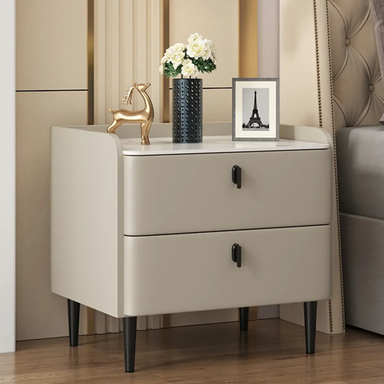 Trendy Stone Leather Gold Accents 2-Drawer Nightstand