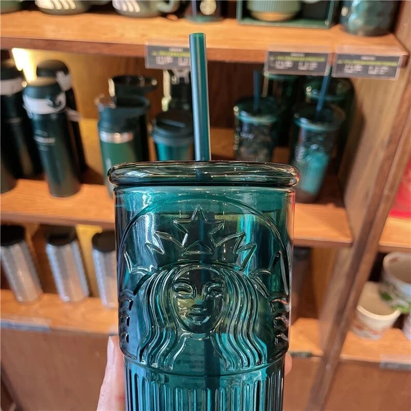 HULIANFU Large capacity 550ml green color Mermaid print Lead-free glass cups with lid and straw - Deanwangkt