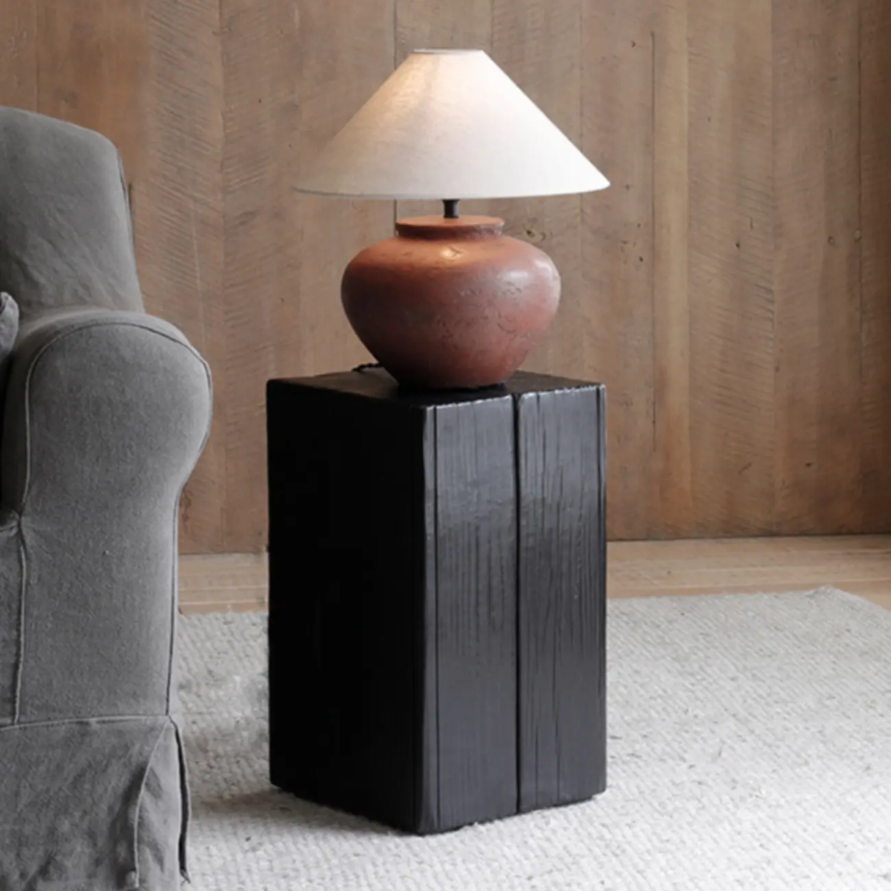 Modern Black Pine Wooden Square Stump End Table