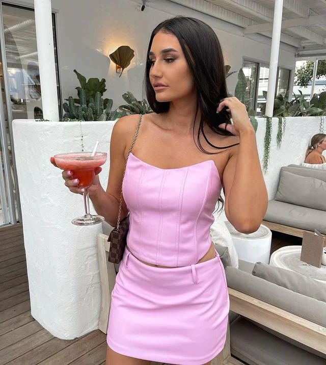 Hulianfu High Quality Summer Crop Top Women Fishbone Double Layer Pink PU Leather Sexy Crop Top Fashion Lady Clubwear Party - Deanwangkt