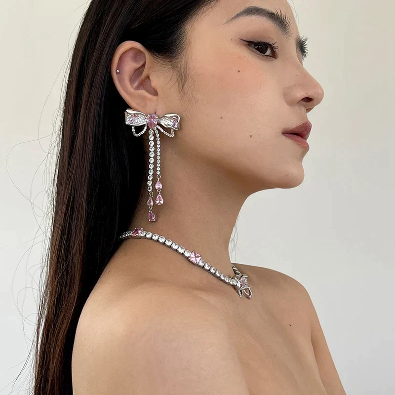 hulianfu Korean Luxury Elegant Pink Cystal Bowknot Drop Earrings For Women Girls Fashion Rhinestone Long Pendientes Jewelry - Deanwangkt