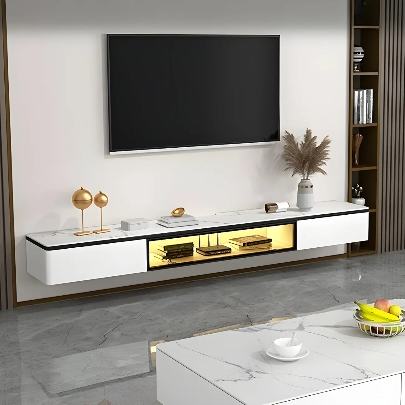 63 White Stone Top Floating TV Stand with LED Lights