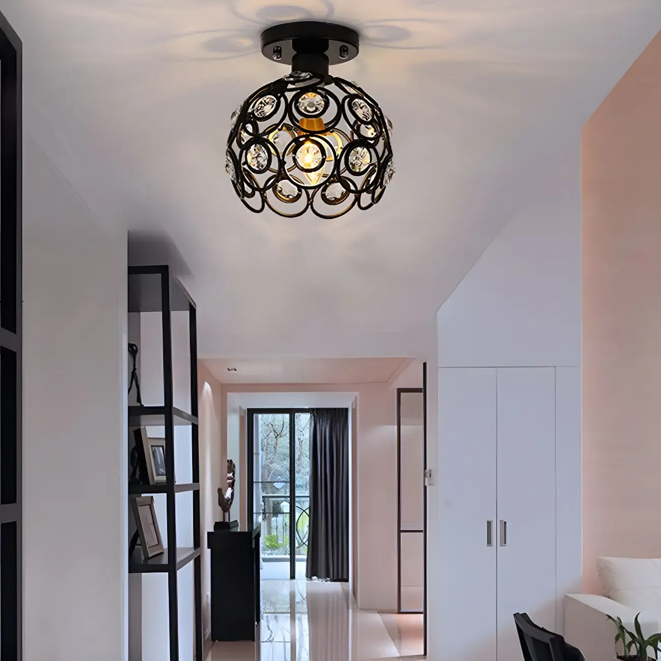 Industrial Hollow Dome Semi Flush Ceiling Light with Crystal