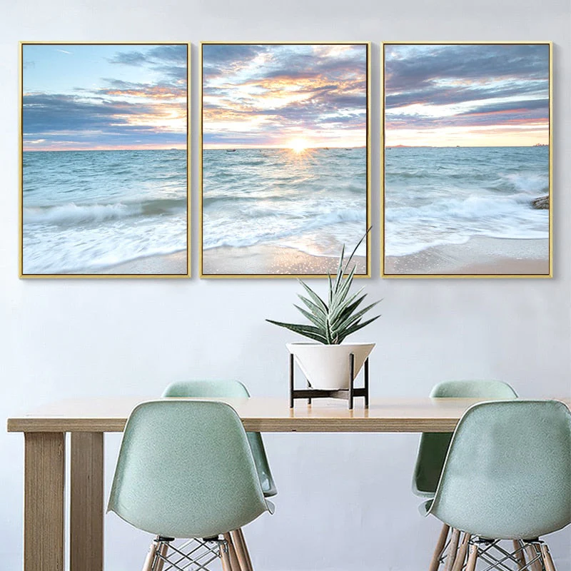HULIANFU Sunrise Coastal Decorative Canvas Poster Blue Sea Landscape Picture Waves Canvas Painting Print Beach Wall Art Picture Home Deco - Deanwangkt