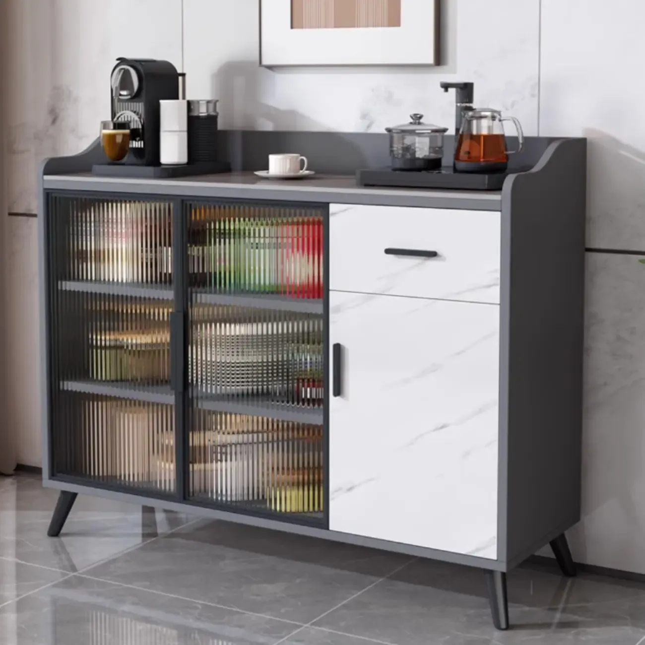 Modish Multi-Compartment Stone-Top Wood Buffet Cabinet