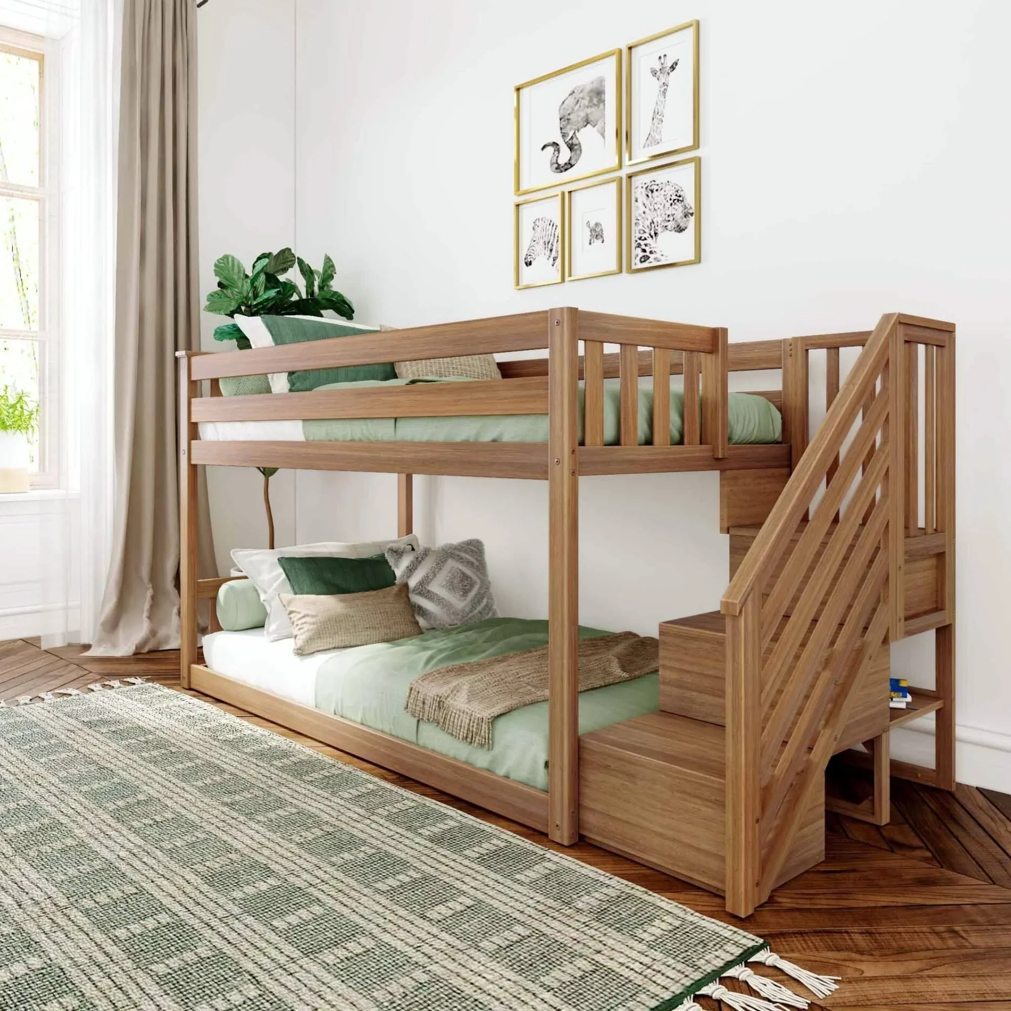 Max and Lily Twin Over Twin Low Bunk Bed with Staircase - Pecan