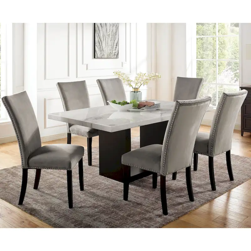 Cots Transitional Light Grey 7-Piece Marble Top Dining Set by Furniture of America
