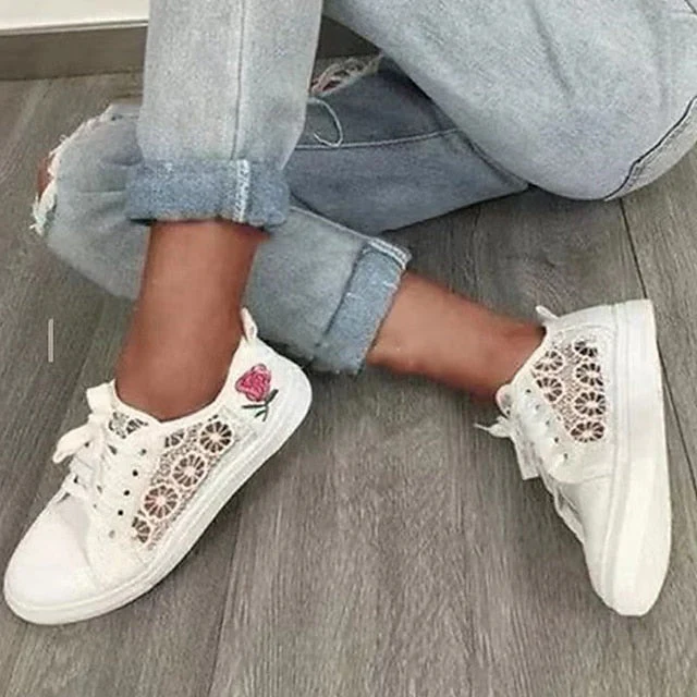 Women's Sneakers Canvas Shoes White Shoes Outdoor Daily Summer Flower Flat Heel Round Toe Casual Minimalism Walking Shoes Mesh Lace-up Embroidered White - Deanwangkt
