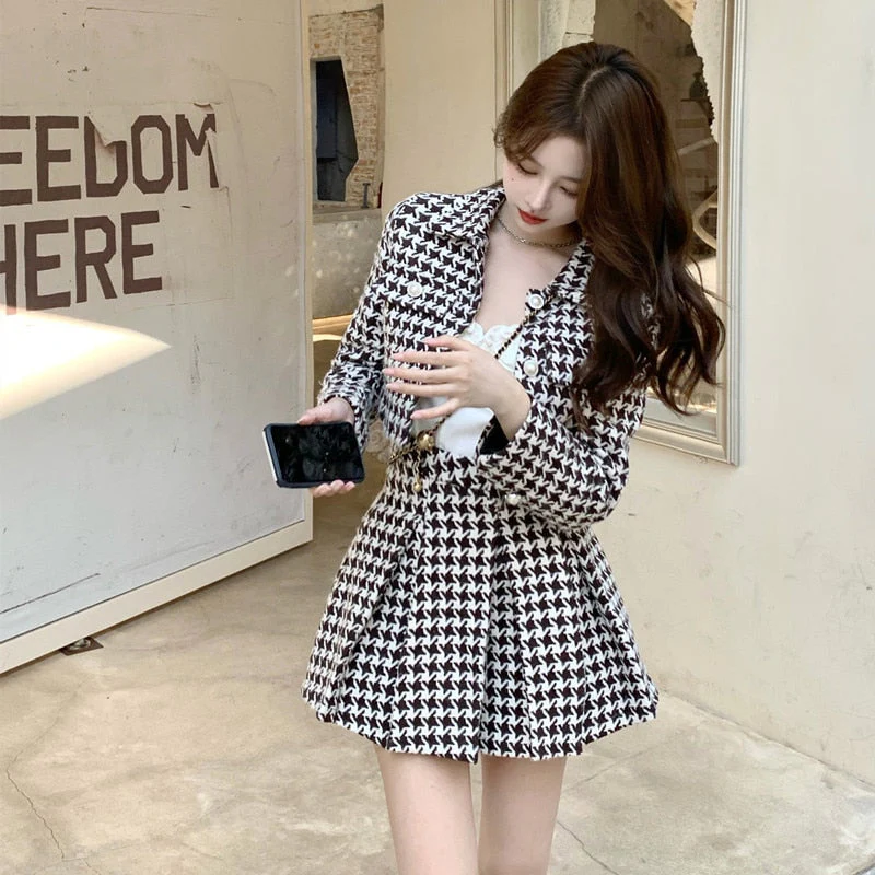 Women New Spring 2 Piece Matching Suits Long Sleeve Plaid Short Jacket&High Waist Pleated Mini Skirt Vintage 2pc Dress Sets - Deanwangkt