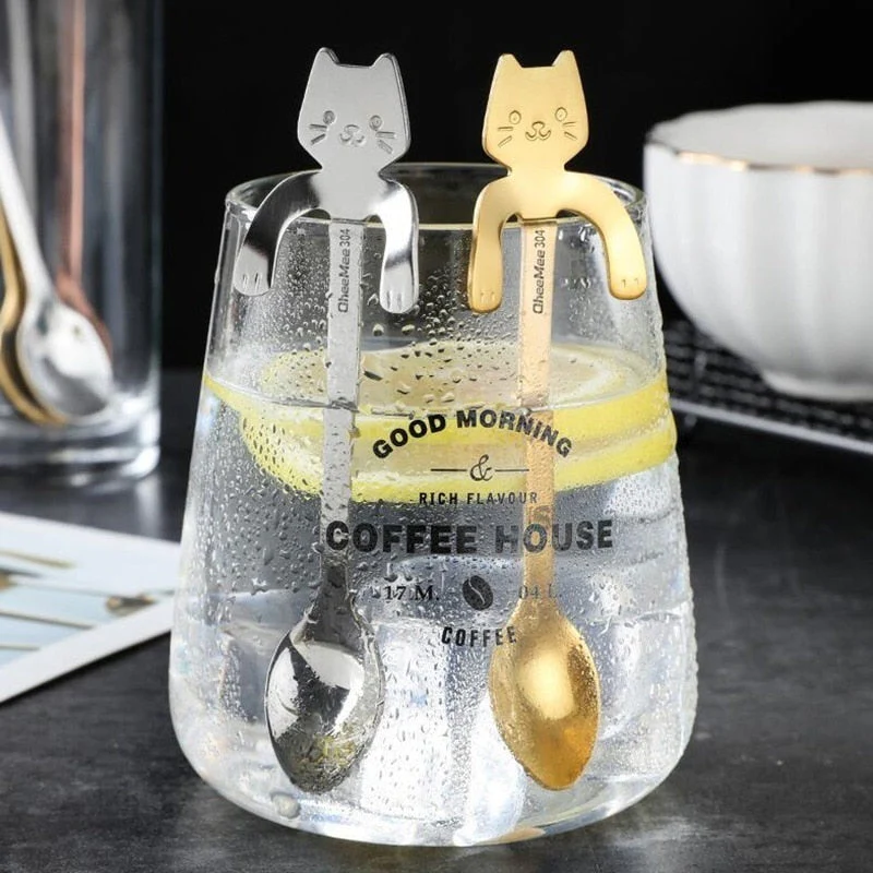 HULIANFU Stainless Steel Coffee Spoon Lovely Cute Cat Shape Teaspoon Dessert Snack Scoop Ice Cream Mini Spoons Tableware Kitchen Tools - Deanwangkt