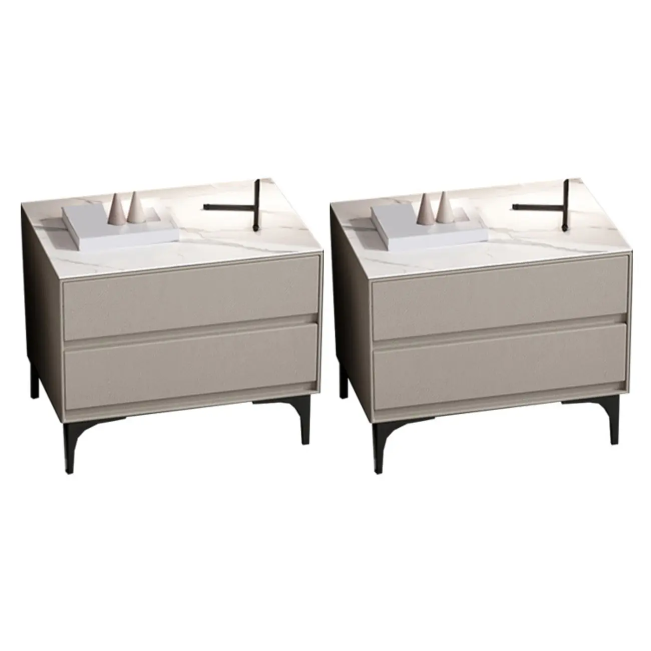 Modern Stone Top Faux Leather 2-Drawer Nightstand