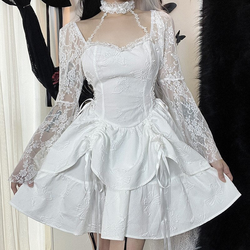 Halter Halloween Cosplay Costumes Gothic Lolita Party Dress White Black Flare Sleeve Fairy Princess Ruffle Cake Kawaii Dresses - Deanwangkt
