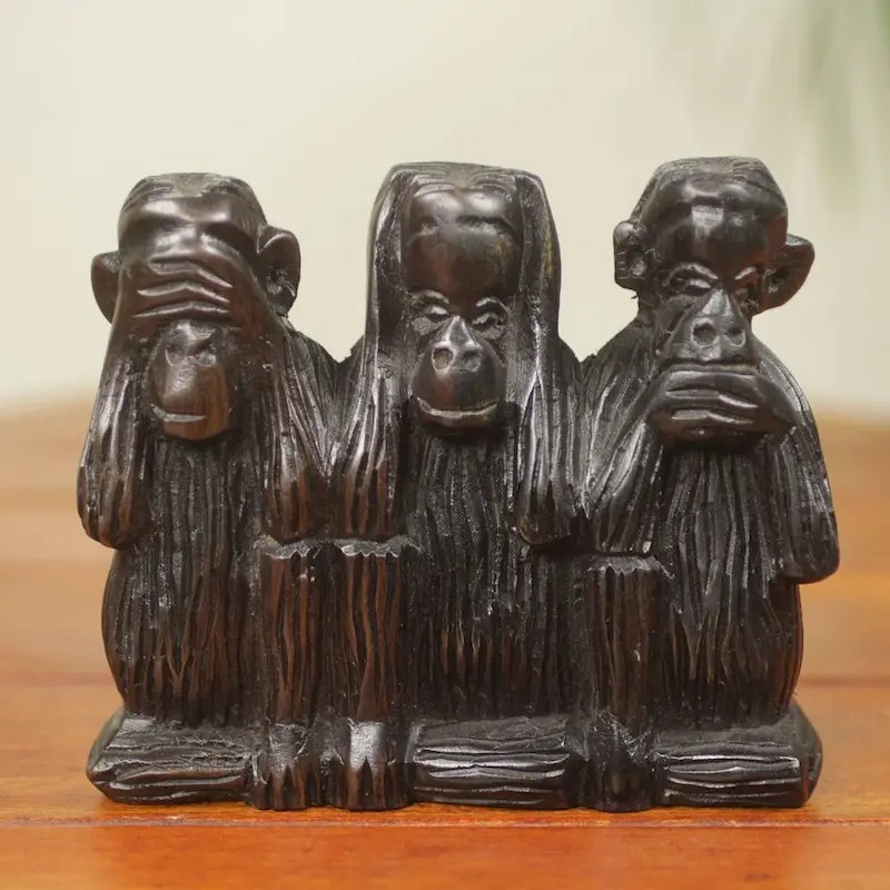 Handmade Monkey Wisdom (4.5 inches) Ebony sculpture (Ghana) - 17 x 15 x 7