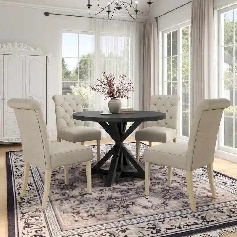 5 Piece Dining Table Set, Wooden Kitchen Furniture Set, Round Table with Cross-Buck Pedestal Base and 4 Tufted Chairs