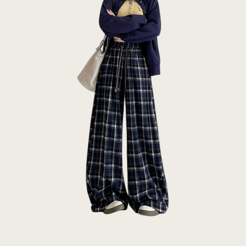 Women’s Blue Plaid Relaxed High-Waist Wide-Leg Pants