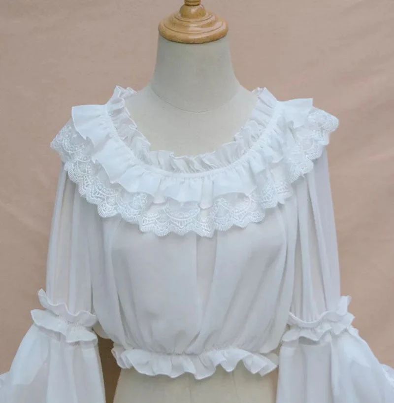 Ladies Sweet Lolita Lace Blouse Neverland Chiffon Loose Layered Crop Tops Victoria Costume Long Bell Sleeves For Women Oversize - Deanwangkt