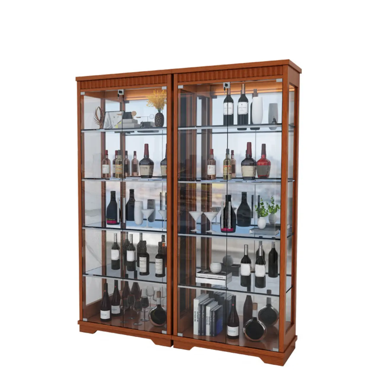 Modern Natural Wood Wine Rack with Glass Shelf